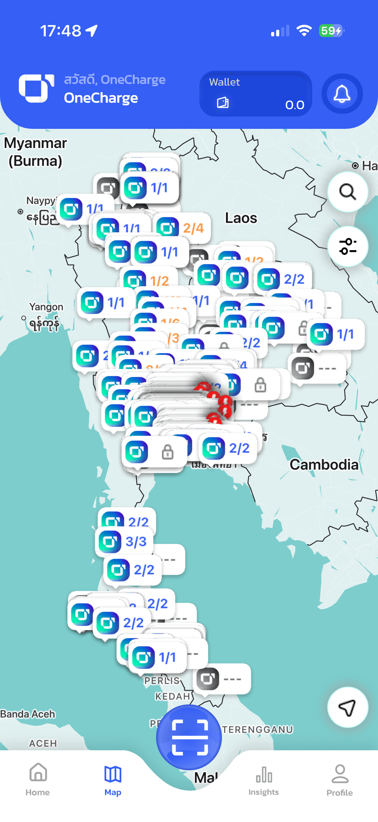 OneCharge mobile app map view showing charging station pins