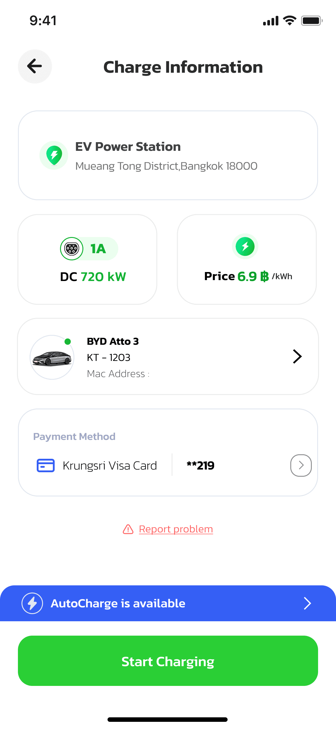 OneCharge driver app — tap the AutoCharge banner to register this connector
