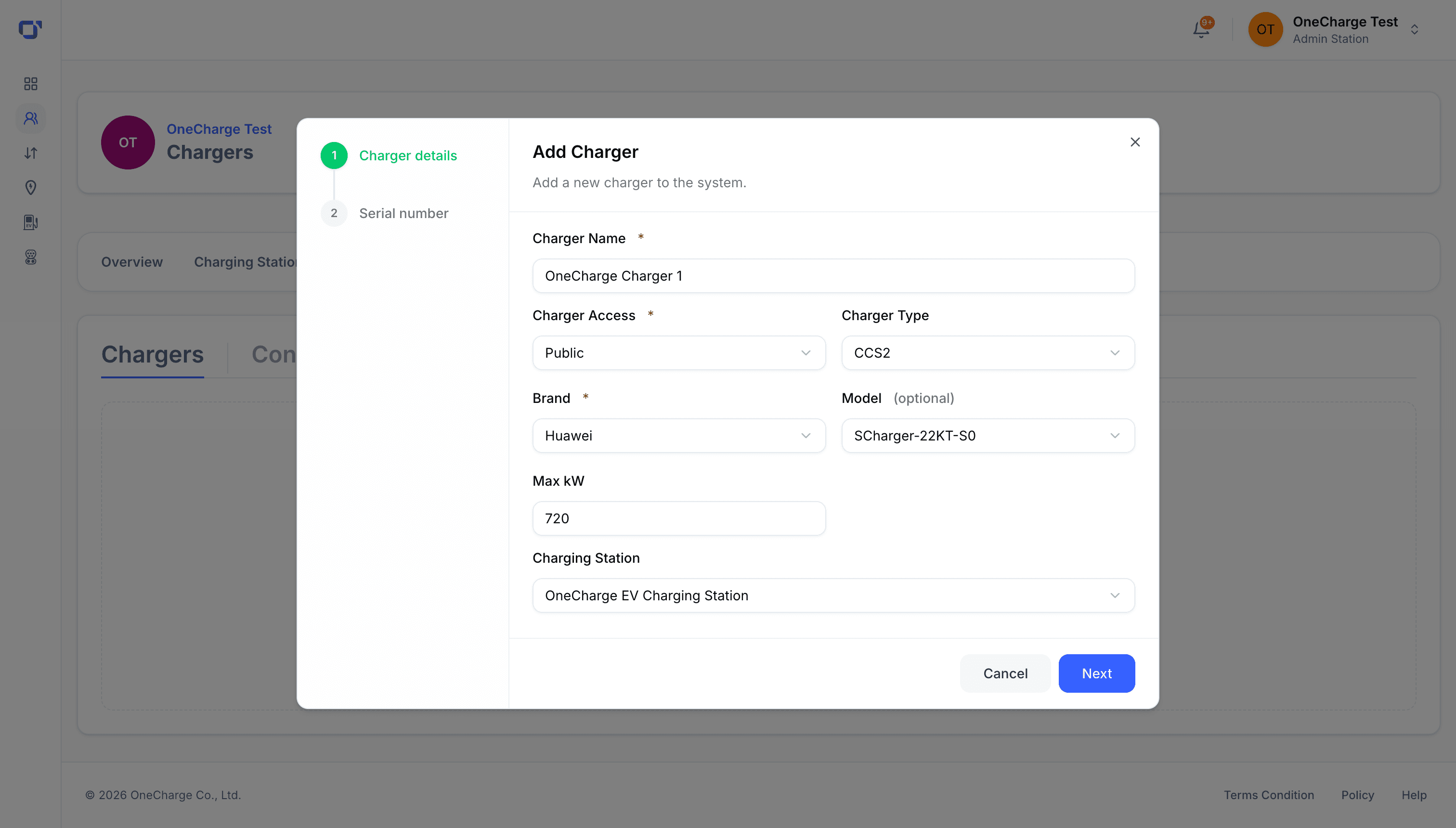 Add Charger modal, charger details