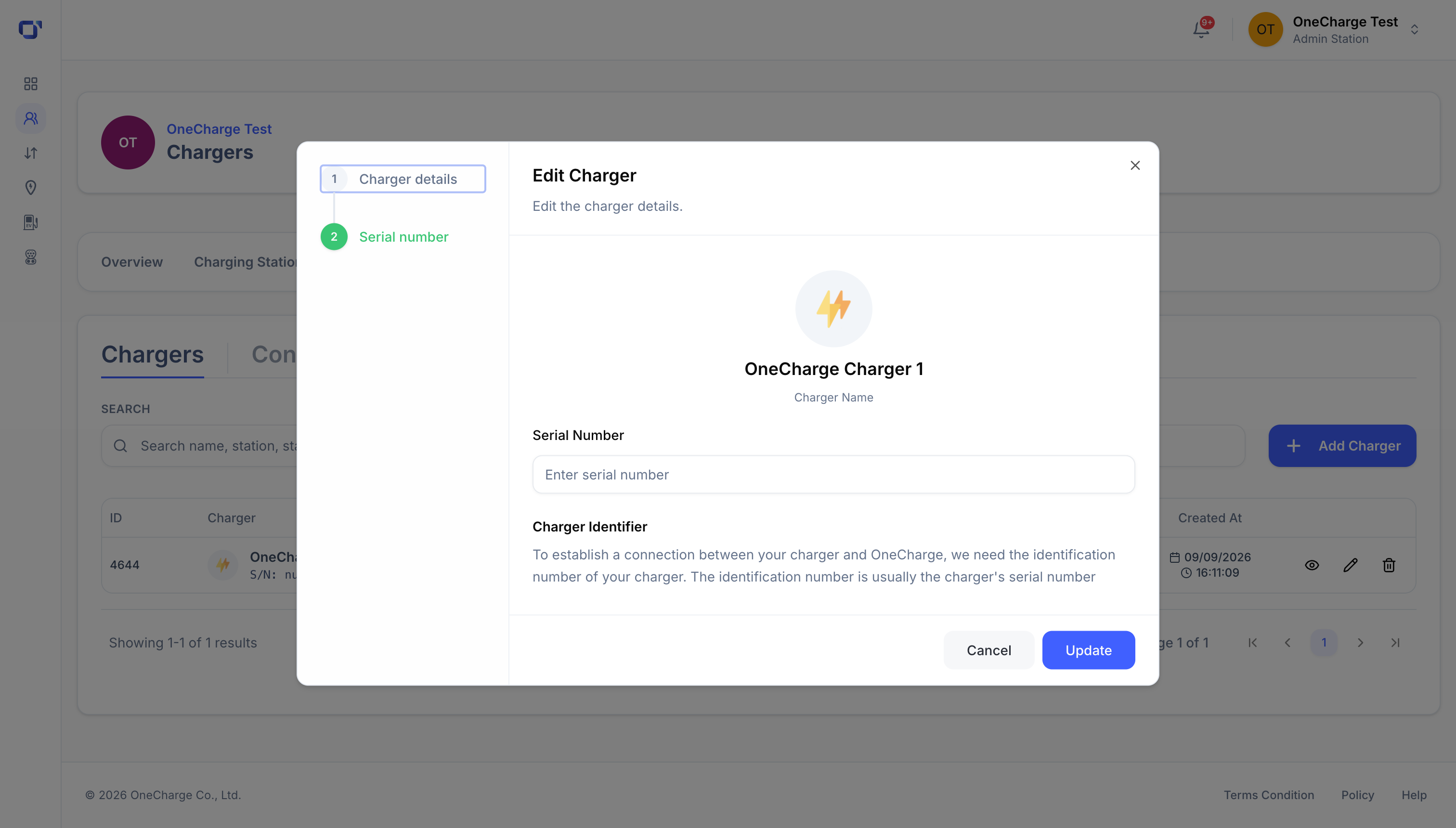 Edit Charger modal, serial number