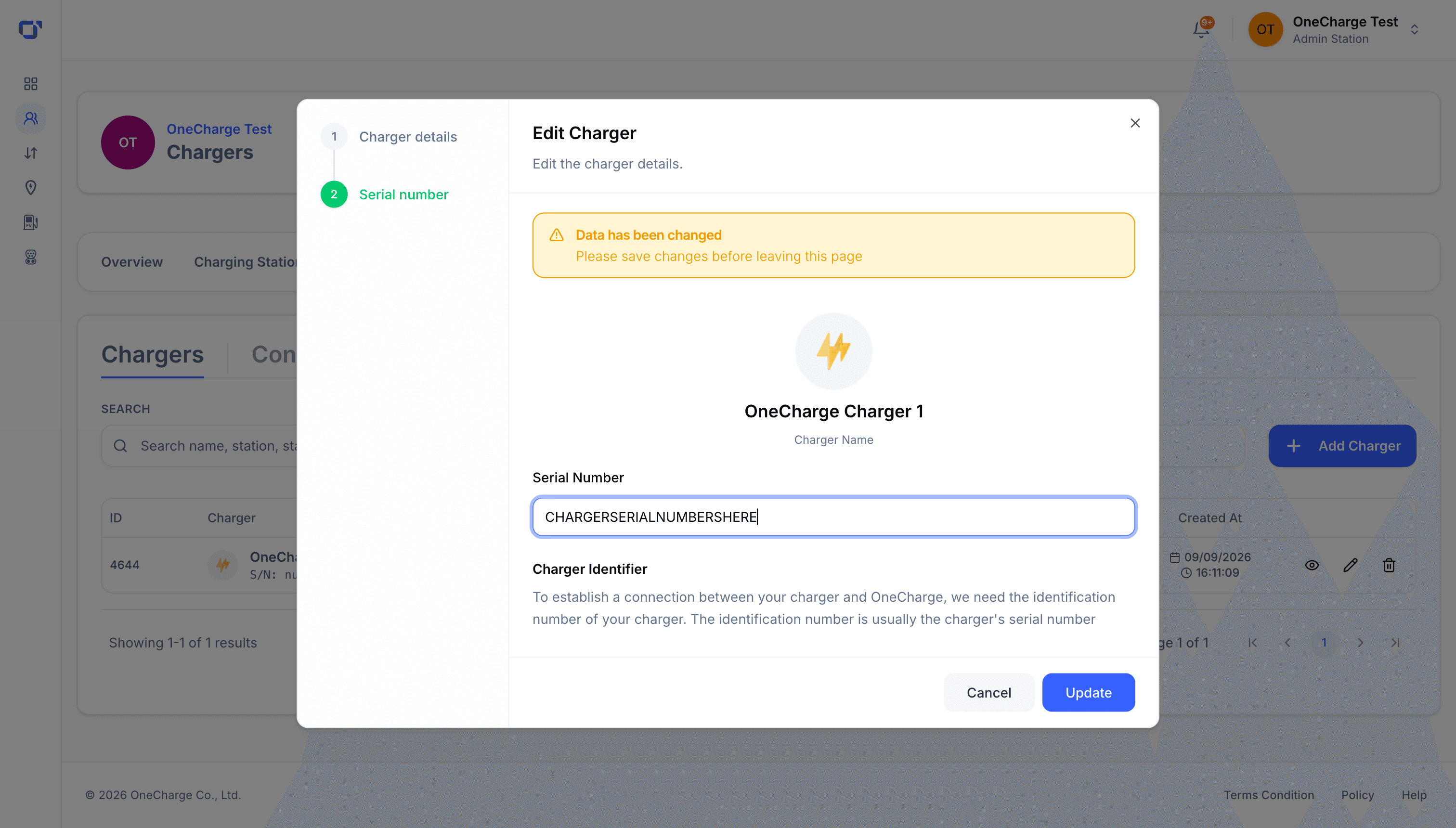 Edit Charger modal, serial number entered