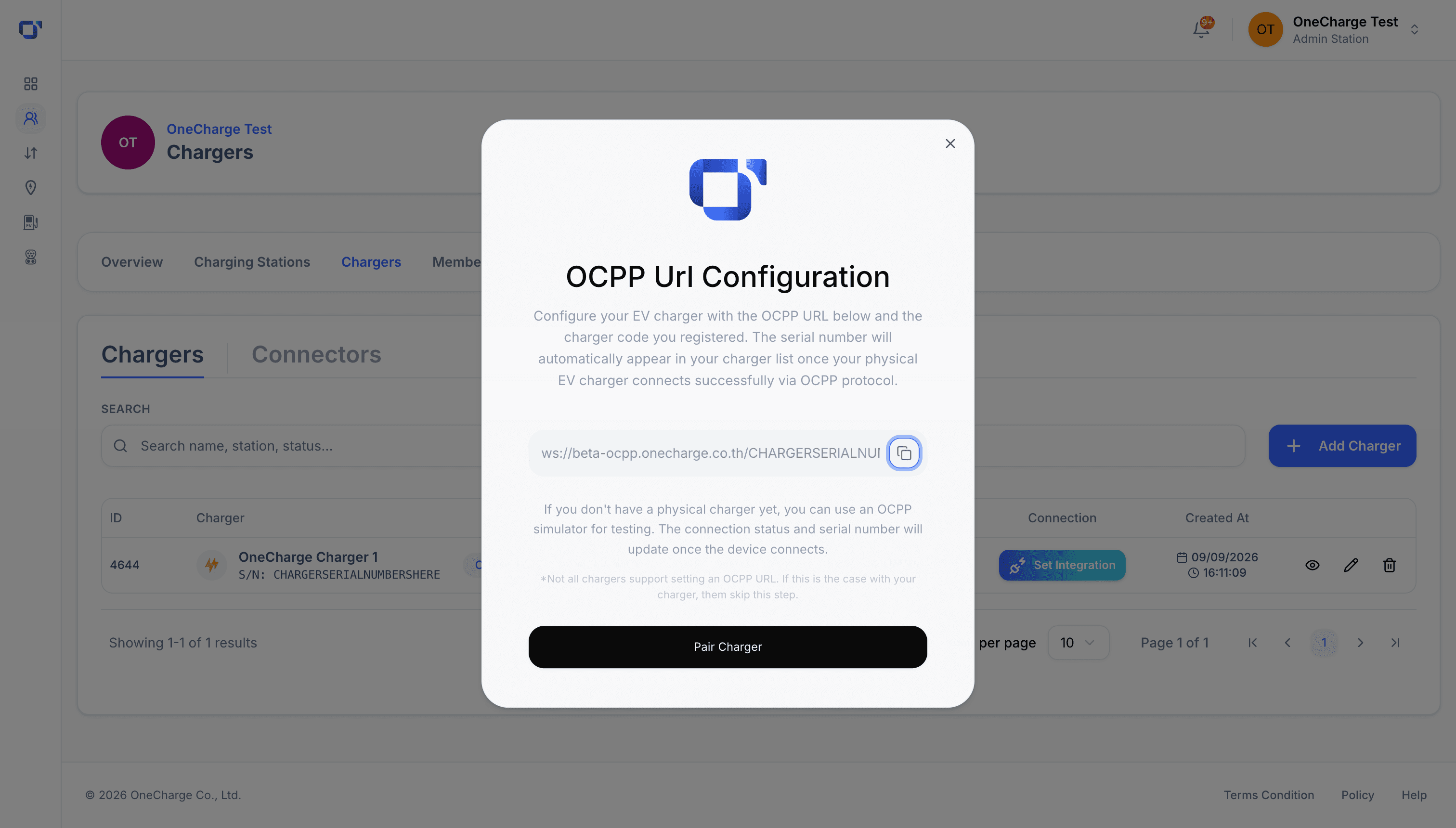 OCPP URL configuration modal