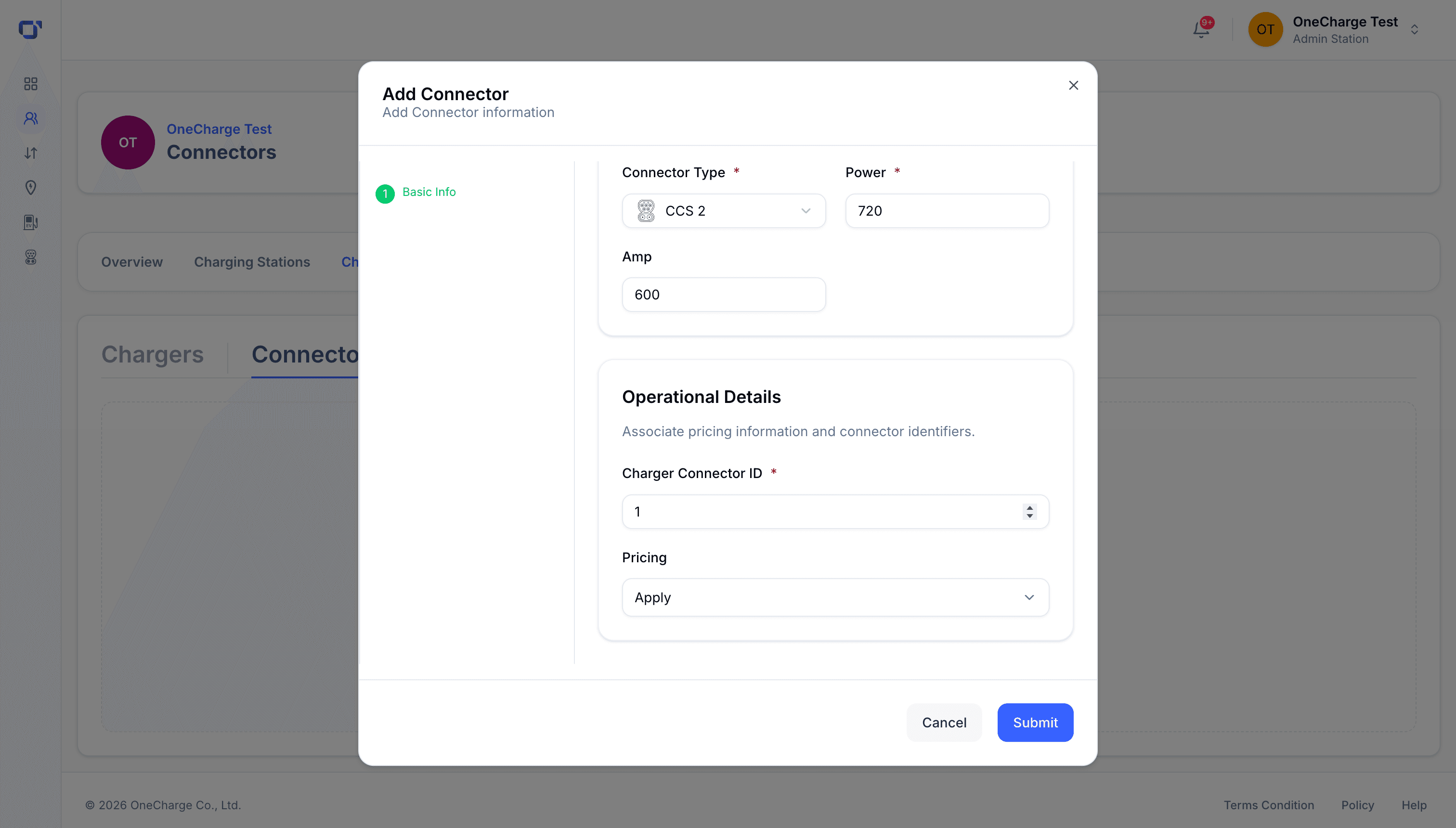 Add Connector modal, operational details
