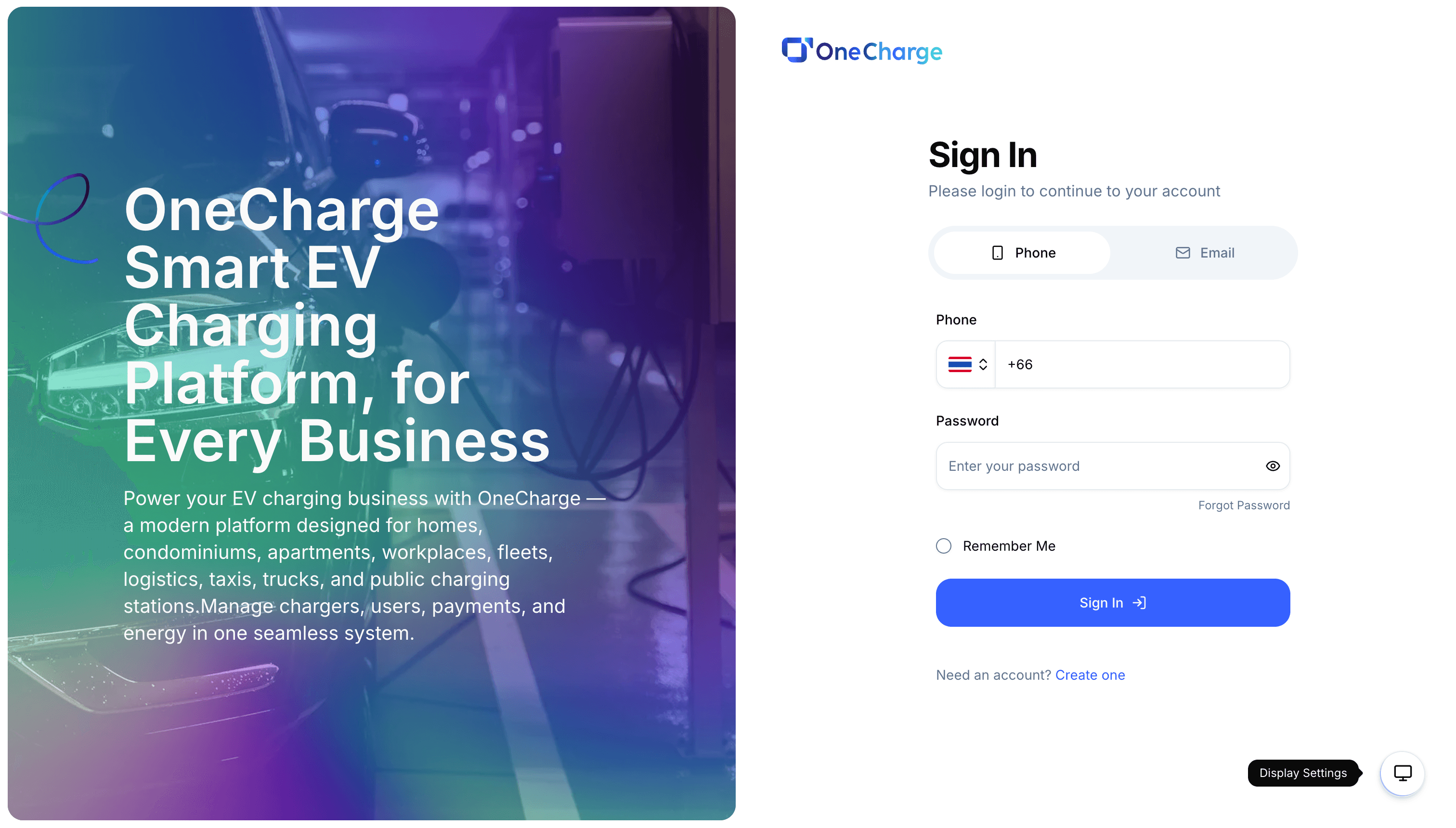OneCharge dashboard sign-in screen for site owners