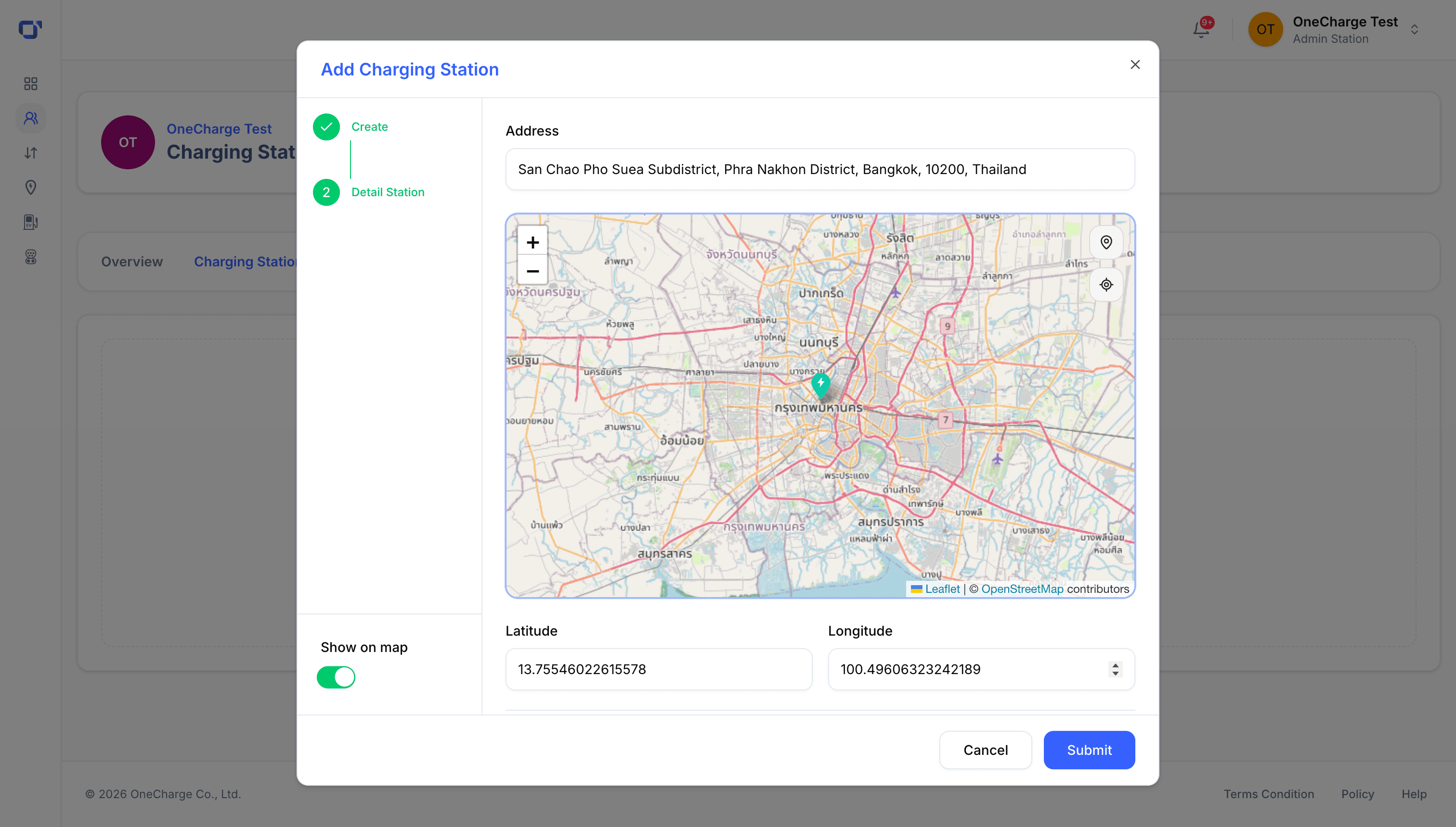 Add Charging Station modal, address and map