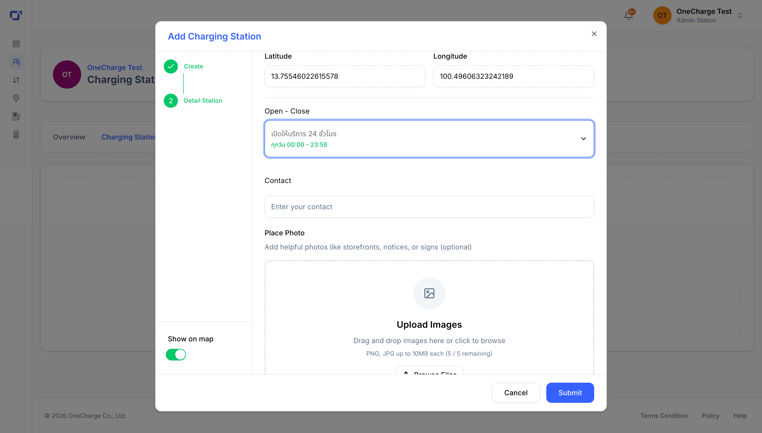 Add Charging Station modal, open hours and contact