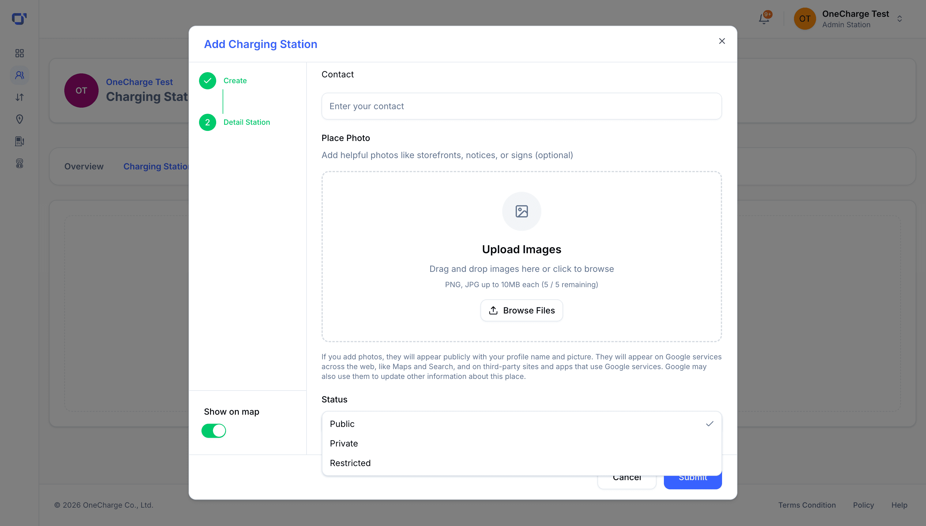 Add Charging Station modal, status options