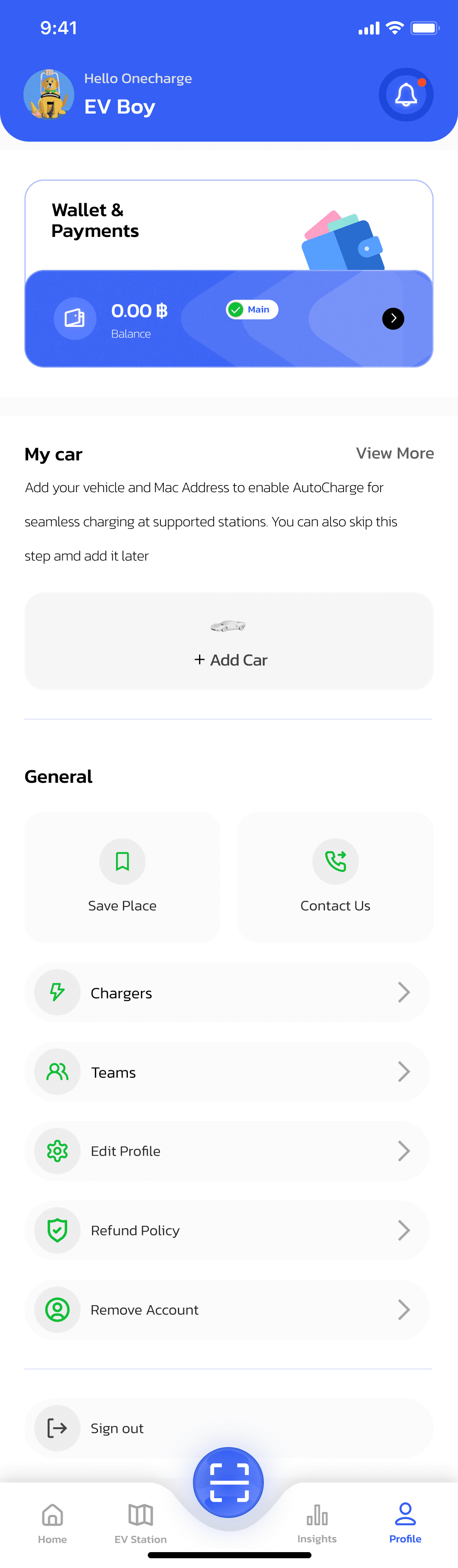 OneCharge driver app — tap Add Car from the Profile tab