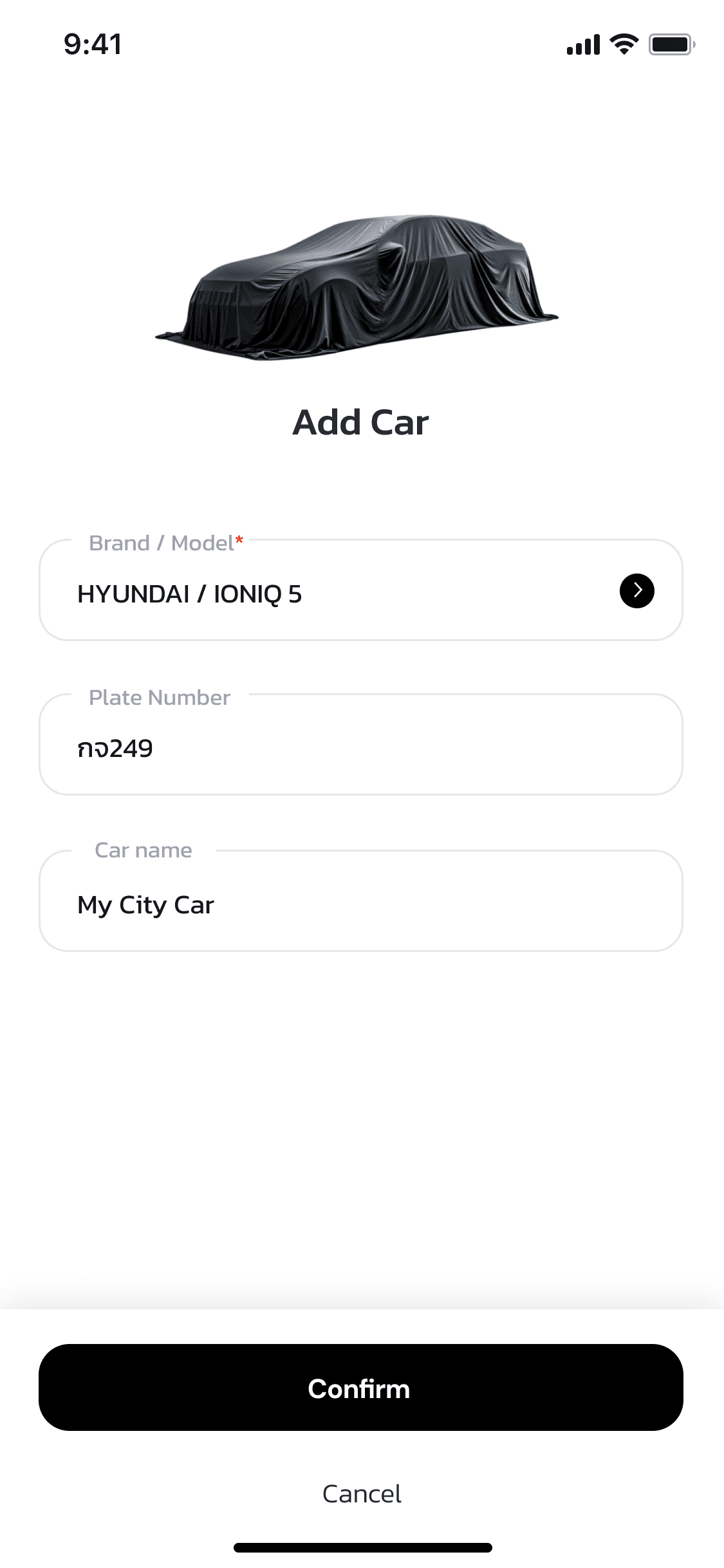 OneCharge driver app — with details filled in, tap Confirm to save the vehicle