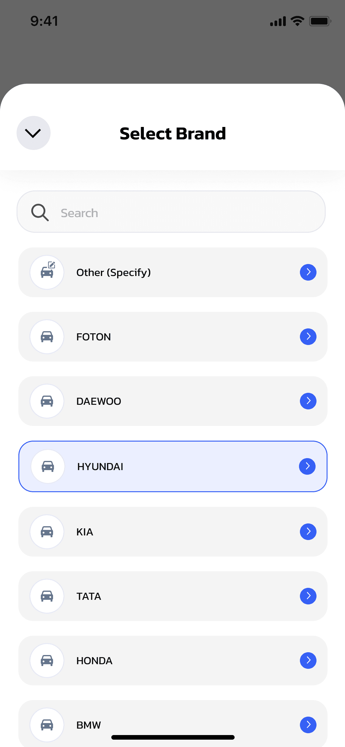 OneCharge driver app — search or pick your vehicle's brand