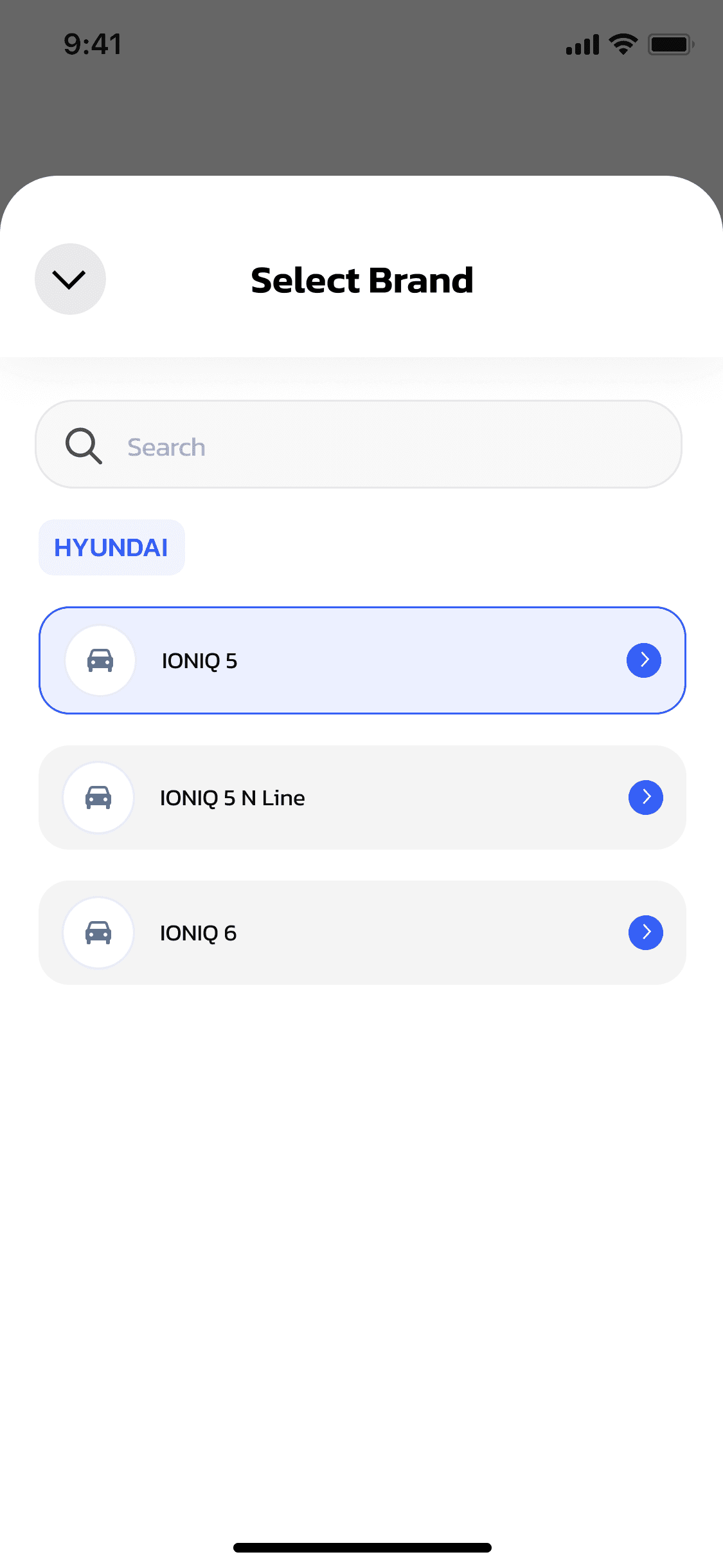 OneCharge driver app — select the exact model from the brand's lineup
