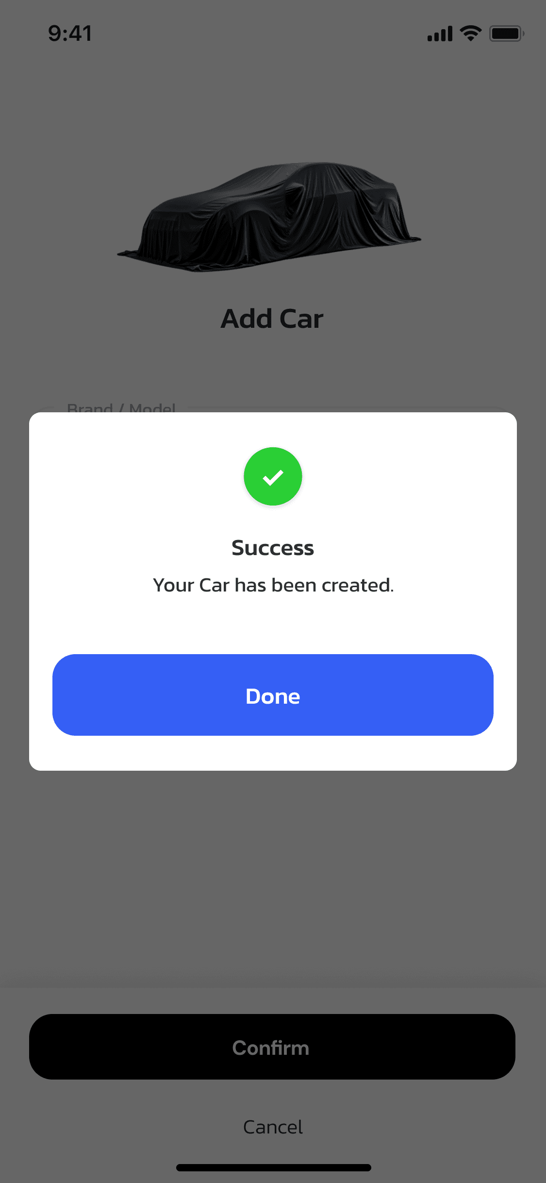 OneCharge driver app — success message confirms the car has been added