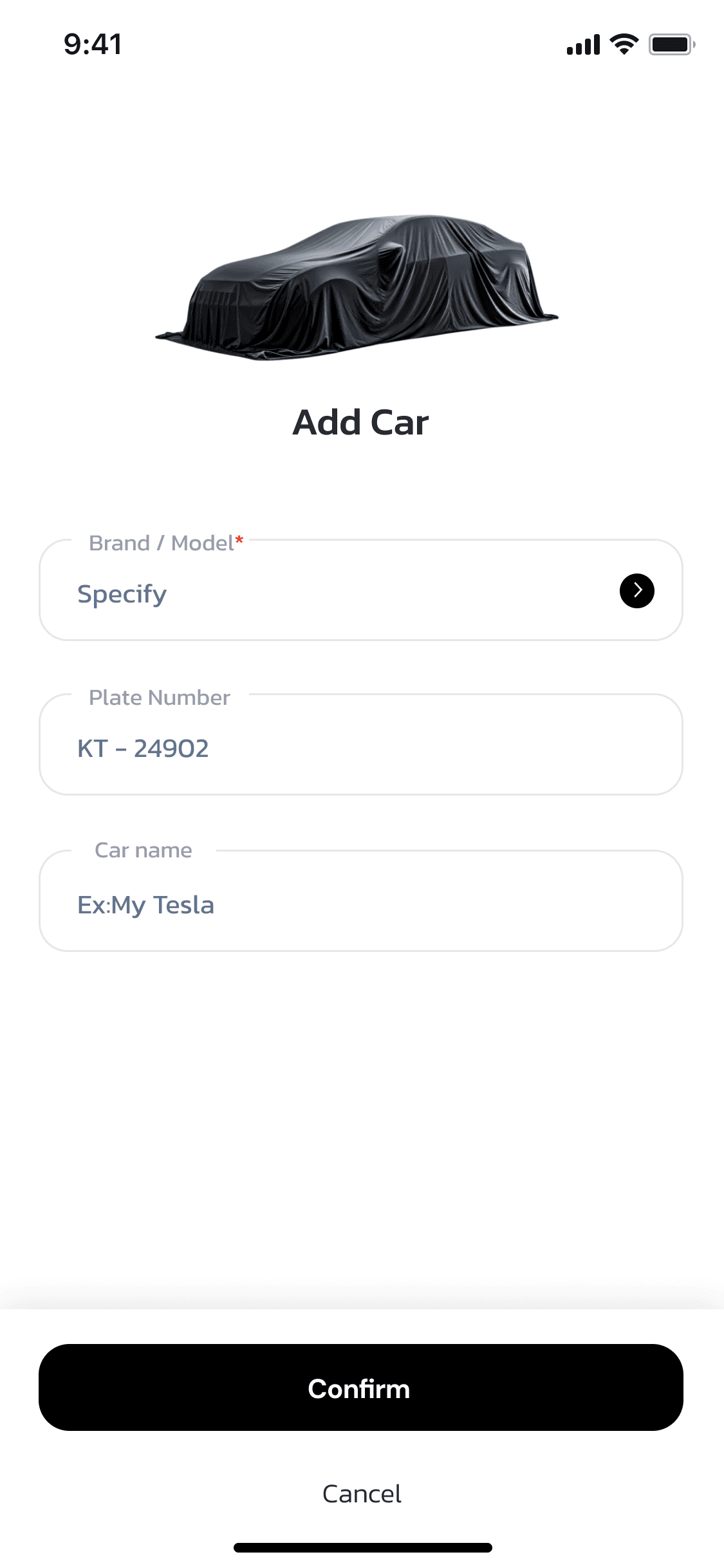 OneCharge driver app — Add Car form, choose the brand/model and enter the plate number