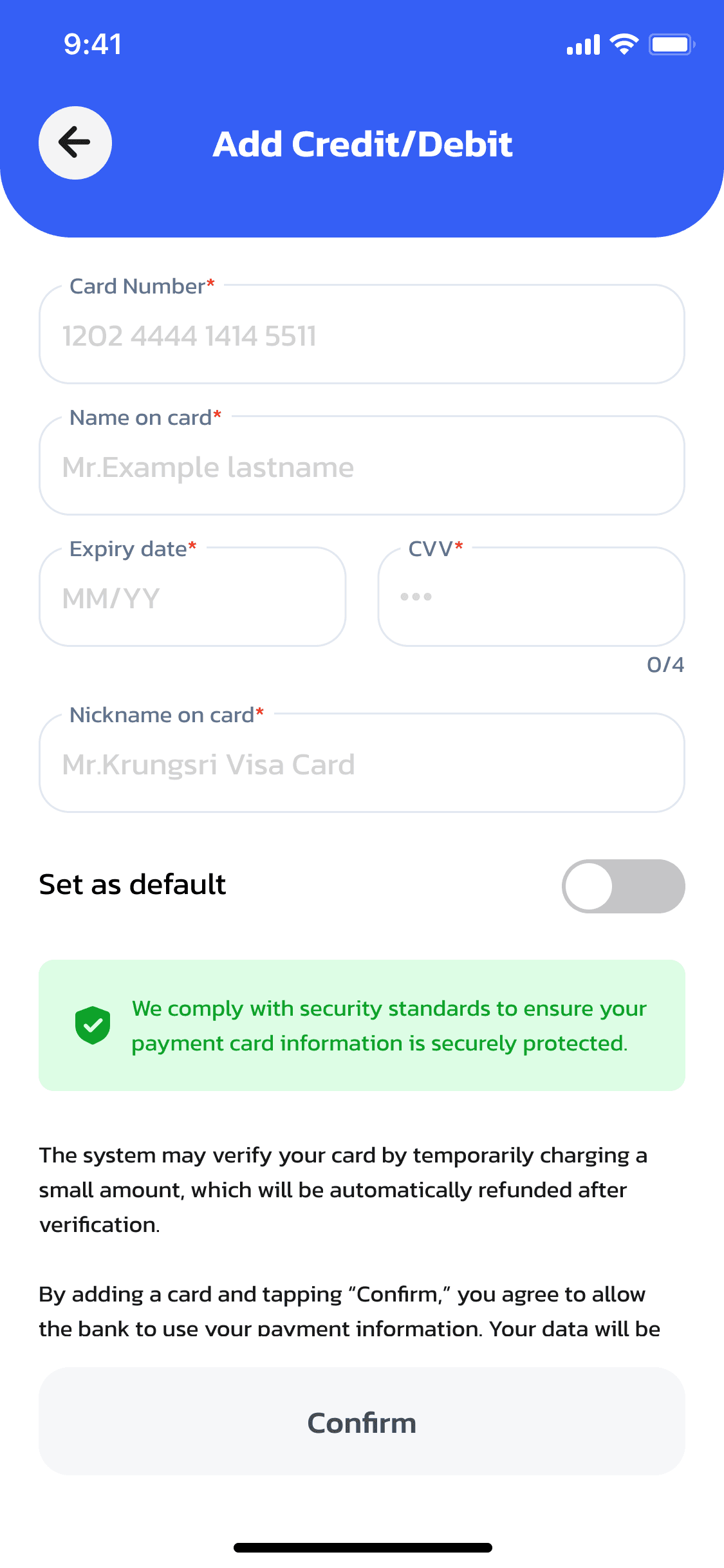 OneCharge driver app — open the Add Credit/Debit Card screen
