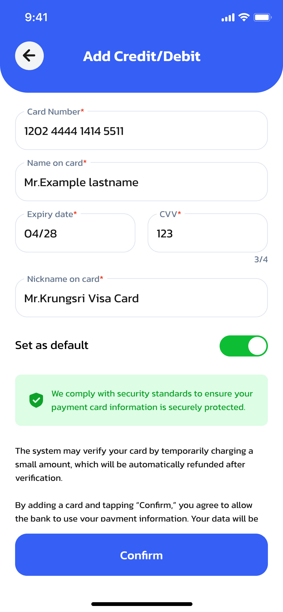 OneCharge driver app — fill in card details and tap Confirm