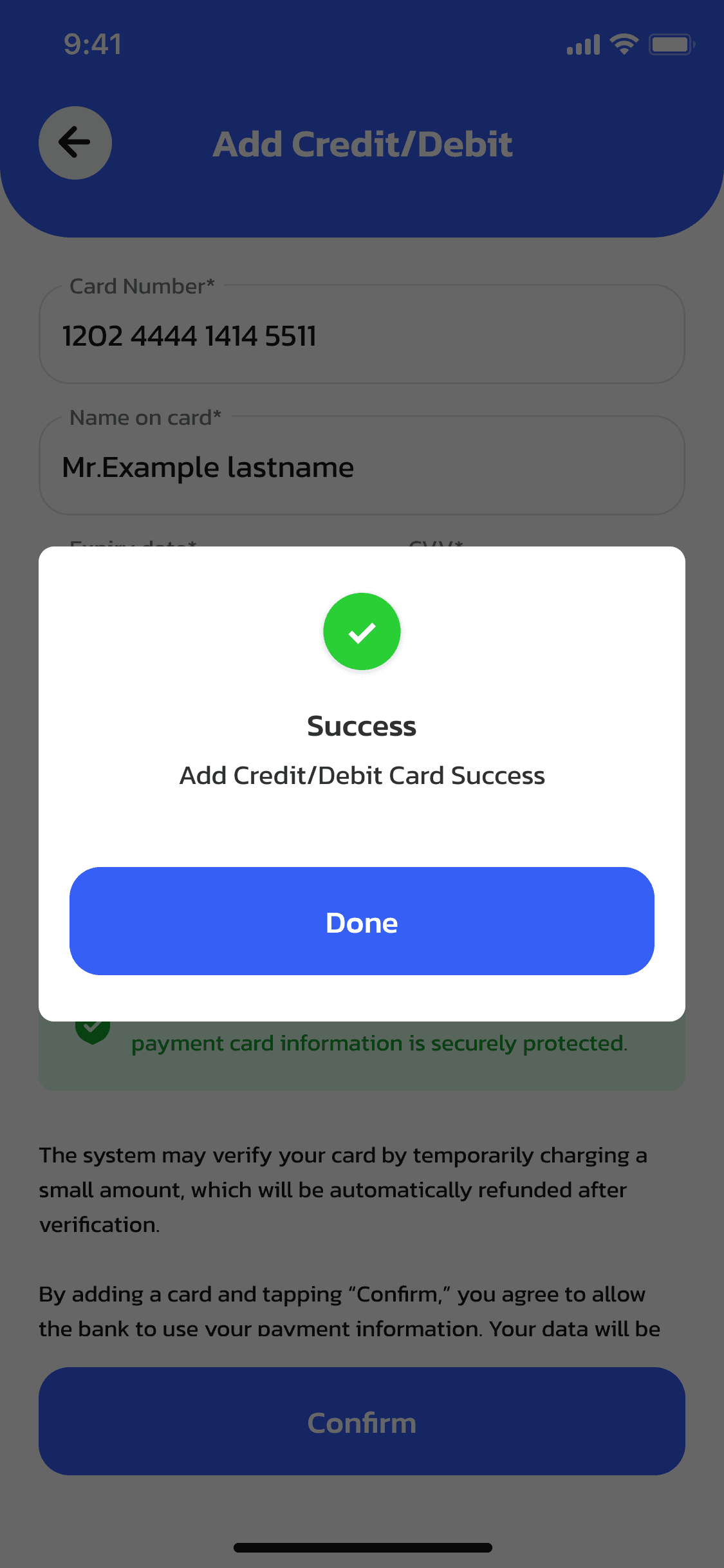 OneCharge driver app — card added successfully, tap Done