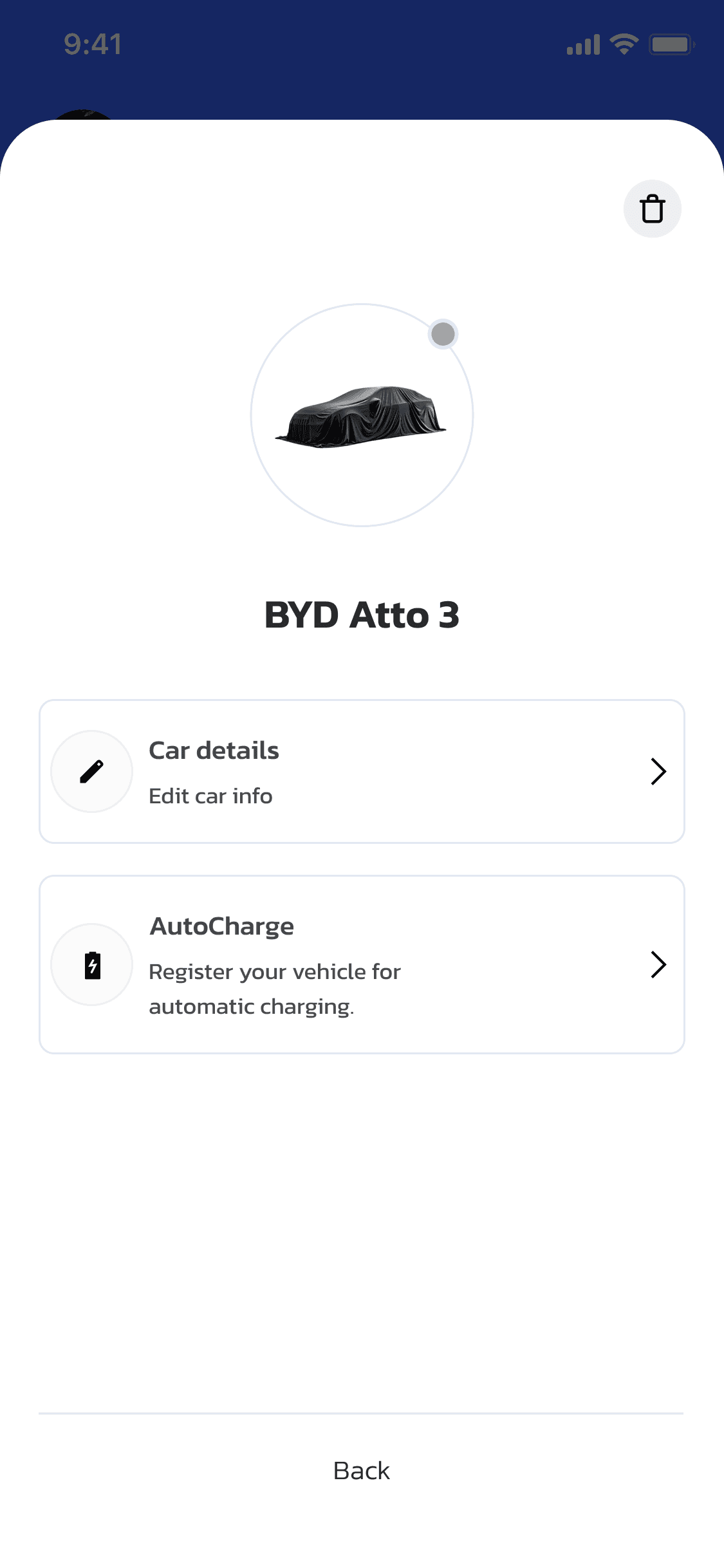 OneCharge driver app — open the car's detail page and tap AutoCharge