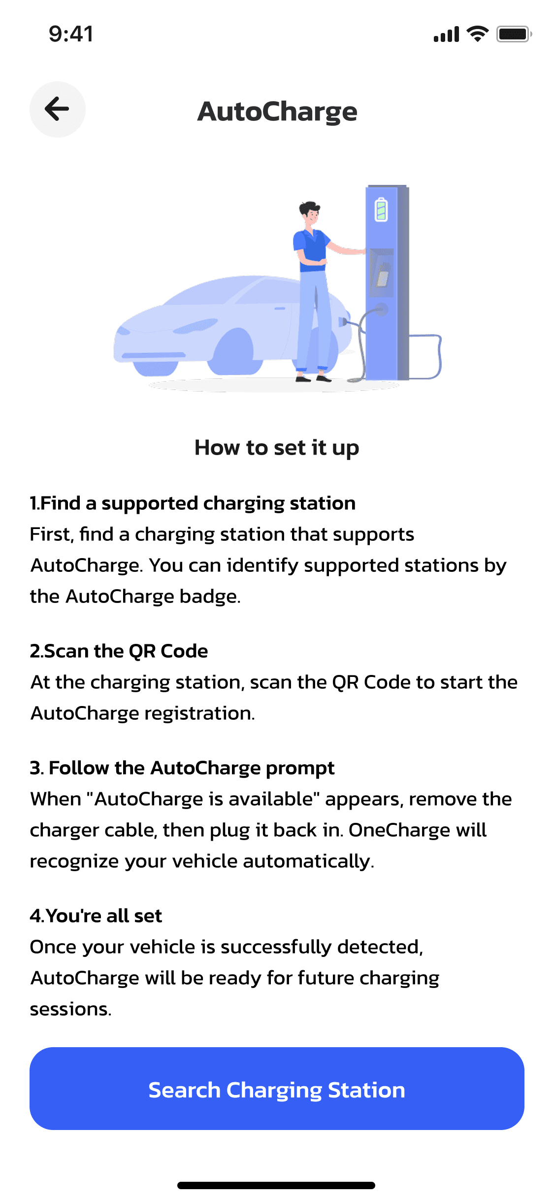 OneCharge driver app — read the AutoCharge setup guide, then search for a charging station