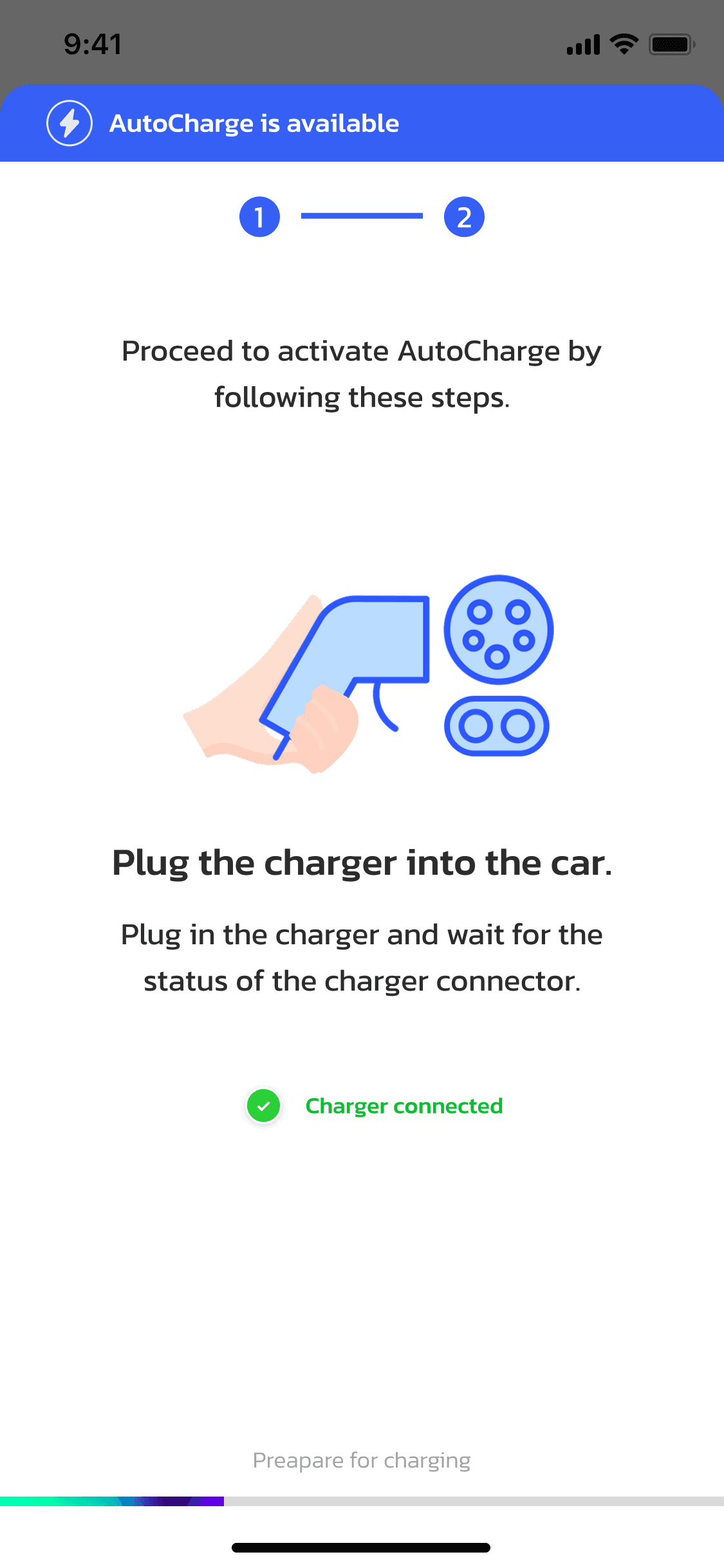 OneCharge driver app — the app detects the connection and prepares for charging
