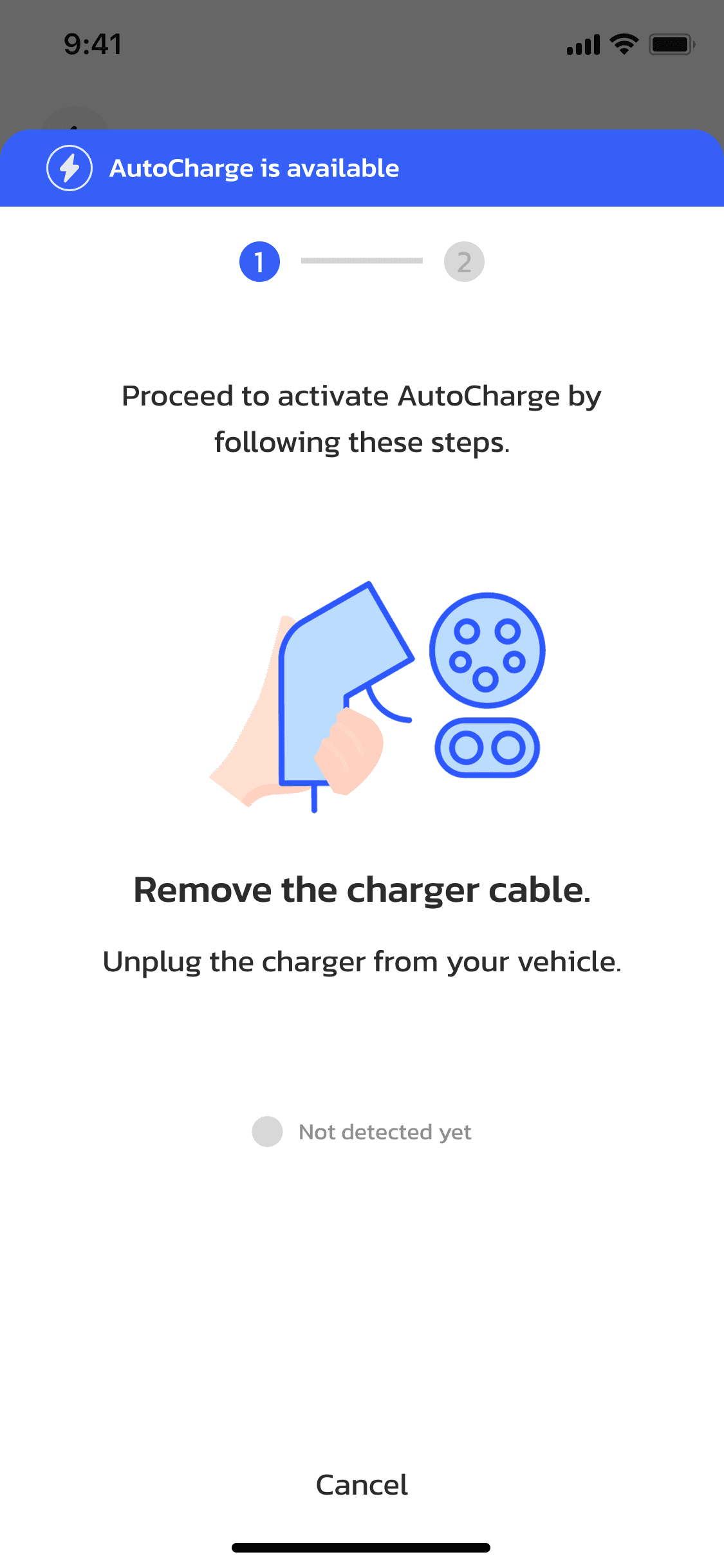 OneCharge driver app — unplug the charger cable from your vehicle to continue
