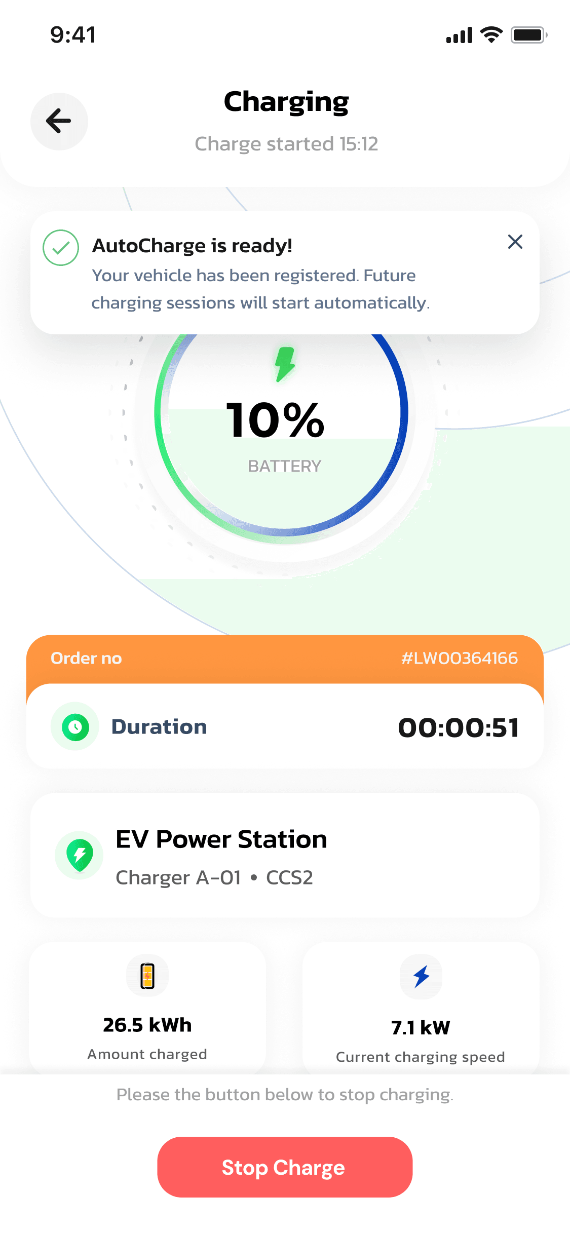 OneCharge driver app — charging starts automatically, AutoCharge is ready