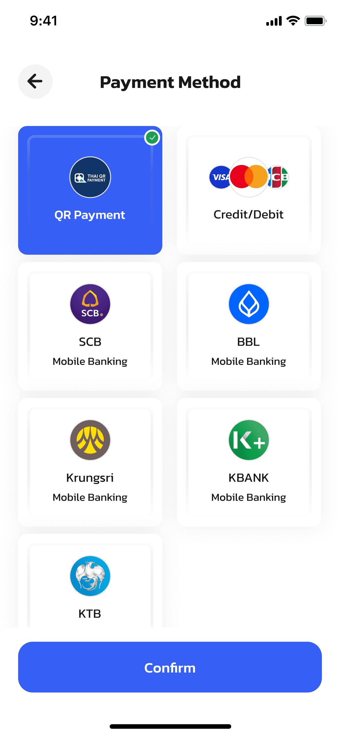 OneCharge driver app — select QR Payment and tap Confirm