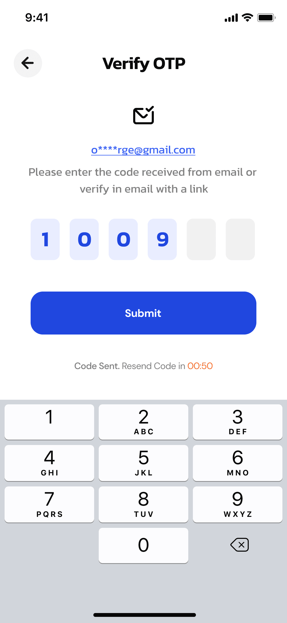 OneCharge driver app — enter OTP verification code