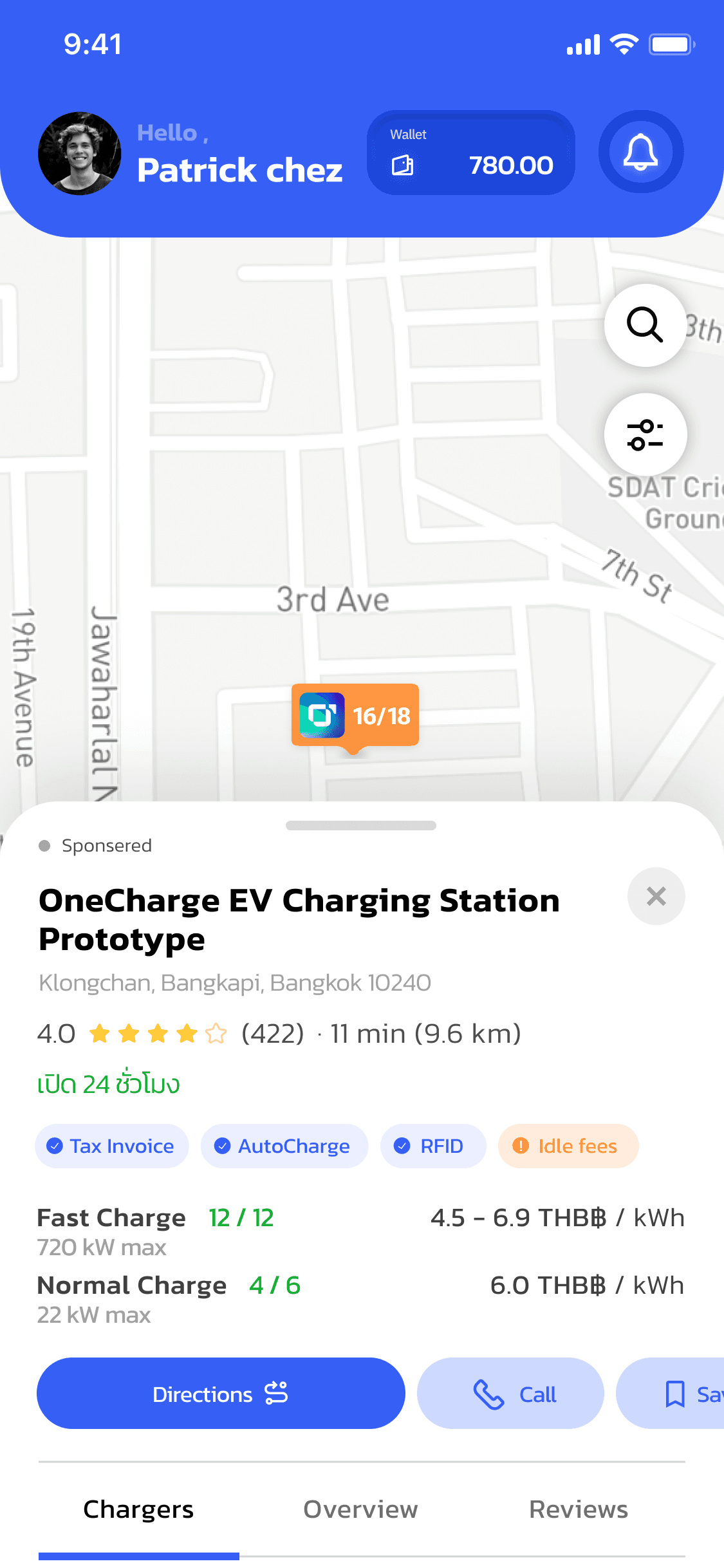 OneCharge driver app — tap a station pin on the map to preview details